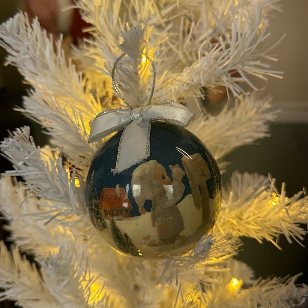 1992 Precious Moments Holiday Blue and White Ornament with bow